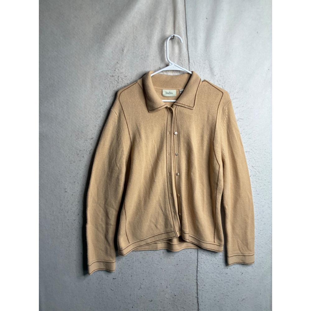 Neiman Marcus Cashmere Cardigan Sweater Tan Camel Button Front Polo Collar XL